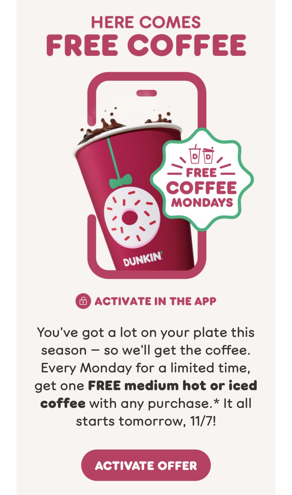 Free Coffee Mondays At Dunkin'