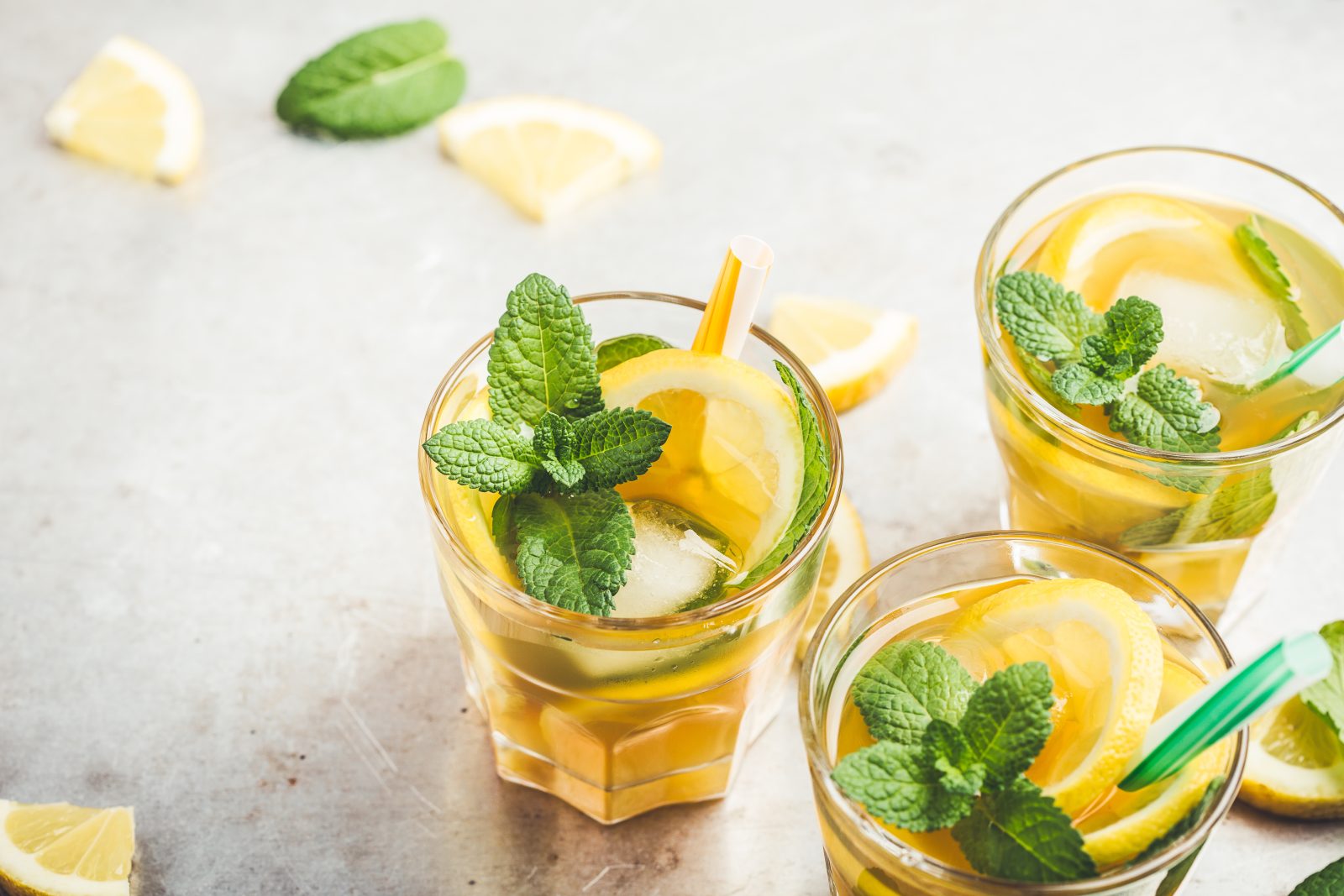 Homemade iced lemon sweet tea with mint